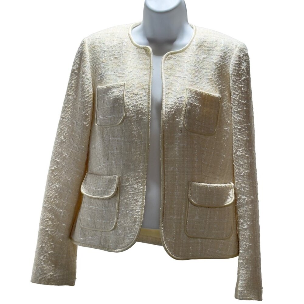 PENDLETON Women’s Jacket Ivory Tweed Textured Cotton Blend Collarless Size 6